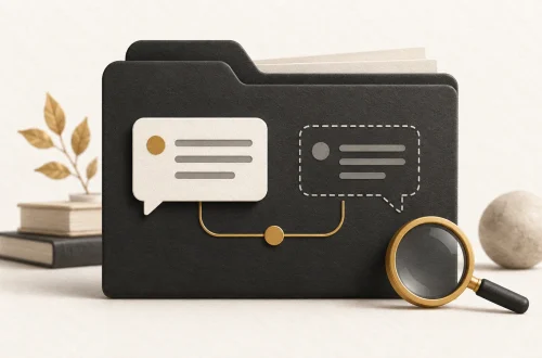 Research folder with solid and dotted speech-bubble cards beside a magnifying glass.