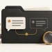 Research folder with solid and dotted speech-bubble cards beside a magnifying glass.