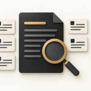 A document beside five test cards, a magnifying glass and a gold measuring ruler.