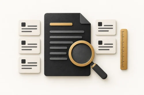 A document beside five test cards, a magnifying glass and a gold measuring ruler.