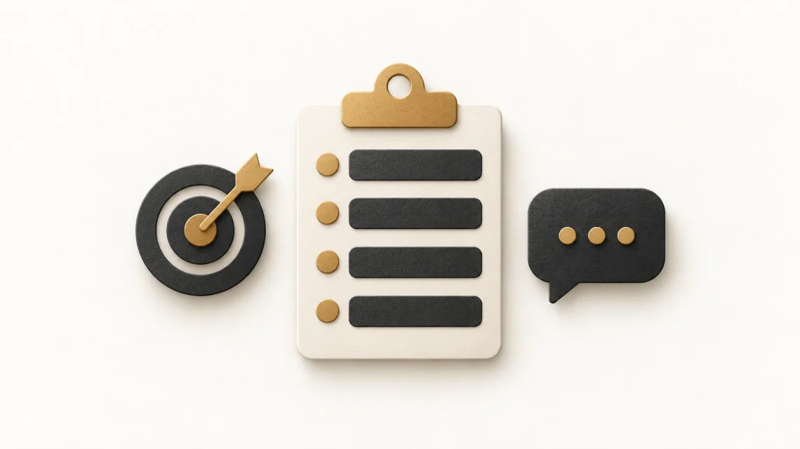 A cream clipboard with four fields beside a charcoal target and speech bubble.