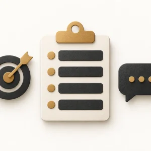 A cream clipboard with four fields beside a charcoal target and speech bubble.