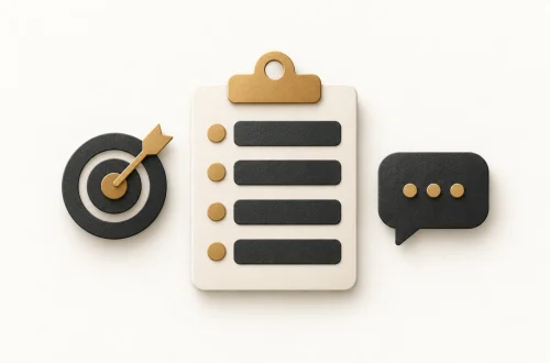 A cream clipboard with four fields beside a charcoal target and speech bubble.
