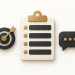 A cream clipboard with four fields beside a charcoal target and speech bubble.