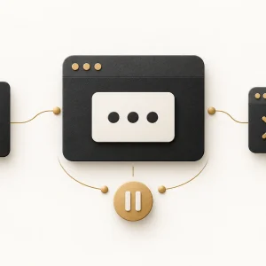 Browser verification tile linked to a clipboard and command window, with a gold pause symbol.