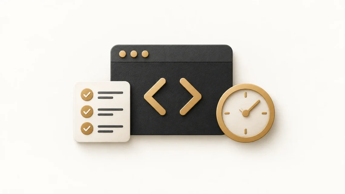A charcoal code window beside a gold clock and a cream checklist, representing planning, building and checking project work.