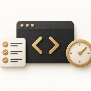 A charcoal code window beside a gold clock and a cream checklist, representing planning, building and checking project work.