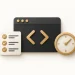 A charcoal code window beside a gold clock and a cream checklist, representing planning, building and checking project work.