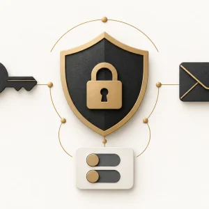 Shield and padlock linked to a key, email envelope and permission controls.
