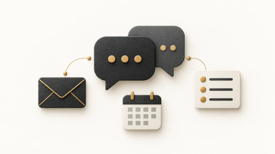 Two speech bubbles linked to an envelope and an action note, with a calendar below.