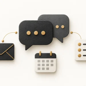 Two speech bubbles linked to an envelope and an action note, with a calendar below.