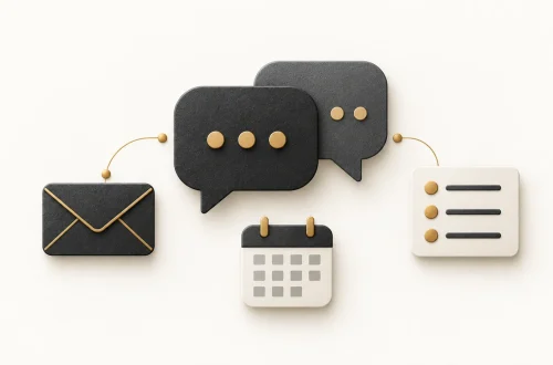 Two speech bubbles linked to an envelope and an action note, with a calendar below.