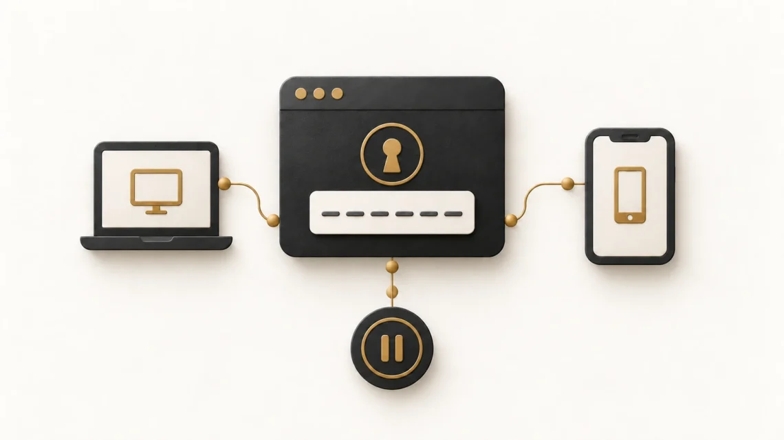 A browser sign-in window linked to two devices and a pause symbol.