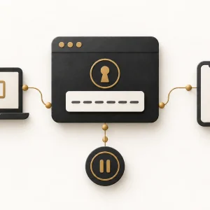 A browser sign-in window linked to two devices and a pause symbol.