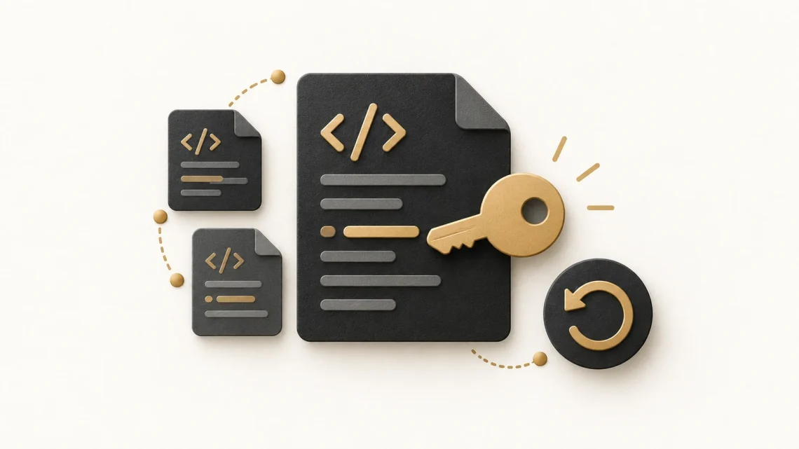 A code document with an exposed key beside revision-history tiles and a rotation arrow.