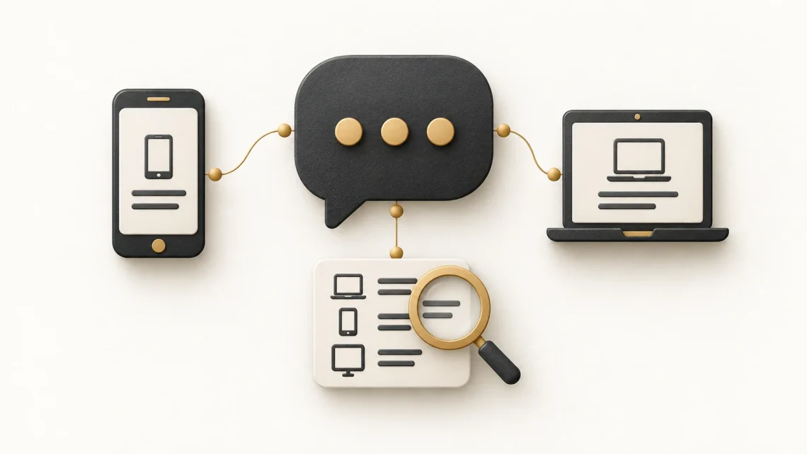 A chat bubble linked to a phone, laptop and device list beneath a magnifying glass.