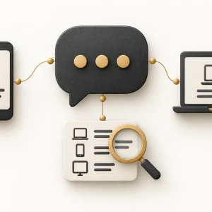 A chat bubble linked to a phone, laptop and device list beneath a magnifying glass.