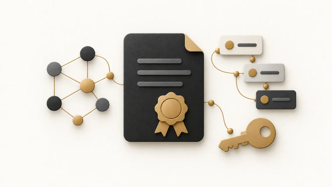A certificate document beside a lattice of nodes, a three-card roadmap and a key.
