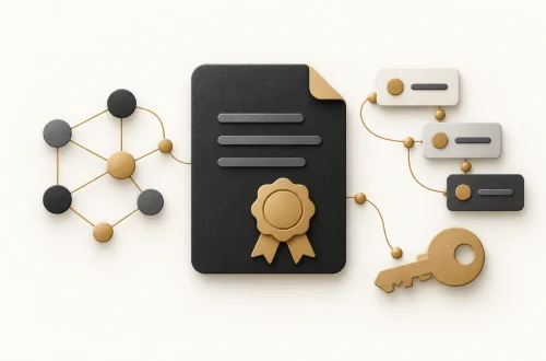 A certificate document beside a lattice of nodes, a three-card roadmap and a key.
