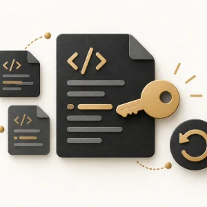 A code document with an exposed key beside revision-history tiles and a rotation arrow.