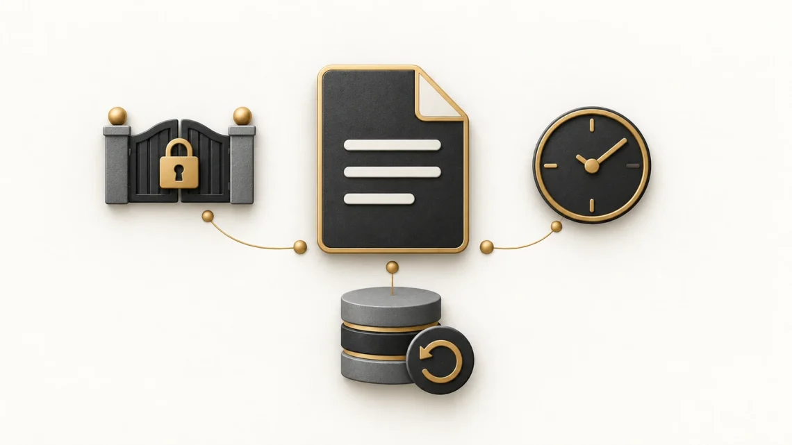 A file icon connected to a stopped access gate, an expiry clock and a layered storage symbol.