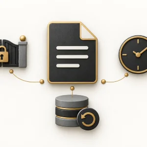 A file icon connected to a stopped access gate, an expiry clock and a layered storage symbol.