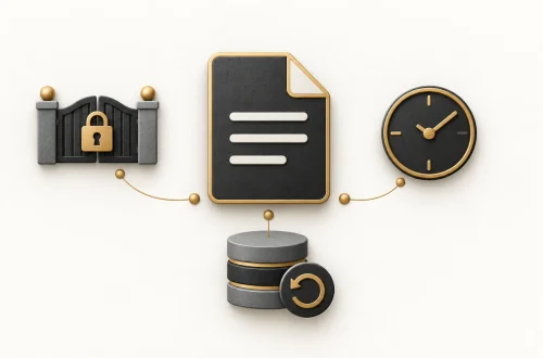 A file icon connected to a stopped access gate, an expiry clock and a layered storage symbol.