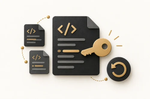 A code document with an exposed key beside revision-history tiles and a rotation arrow.