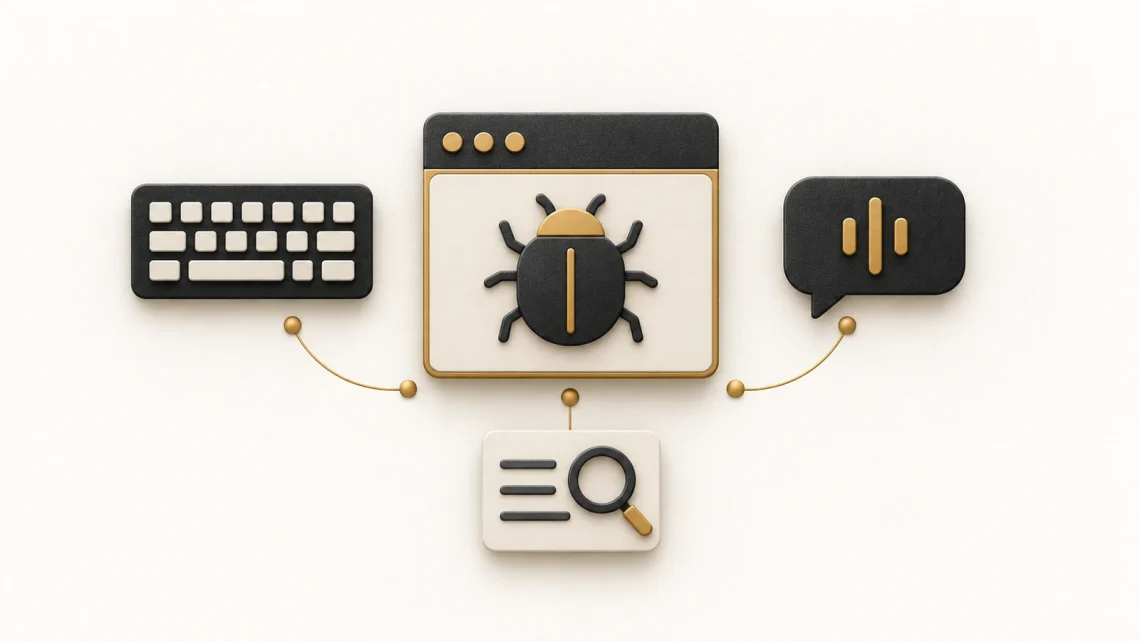 A browser panel with a bug symbol connected to a keyboard, a speech bubble and an evidence note under a magnifying glass.