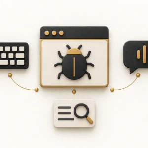 A browser panel with a bug symbol connected to a keyboard, a speech bubble and an evidence note under a magnifying glass.