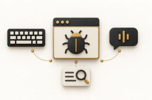 A browser panel with a bug symbol connected to a keyboard, a speech bubble and an evidence note under a magnifying glass.