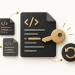 A code document with an exposed key beside revision-history tiles and a rotation arrow.