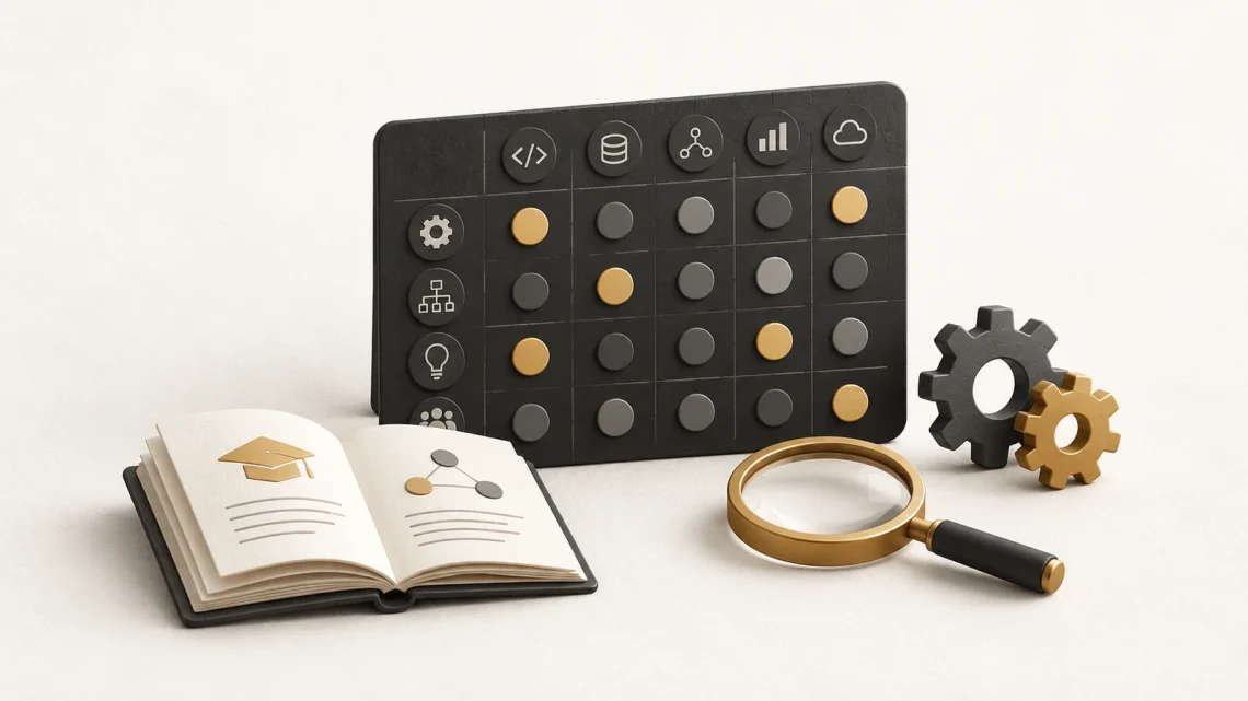 A competency grid with gold markers beside a learning book, magnifying glass and gears.