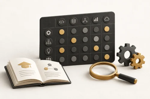 A competency grid with gold markers beside a learning book, magnifying glass and gears.