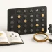 A competency grid with gold markers beside a learning book, magnifying glass and gears.