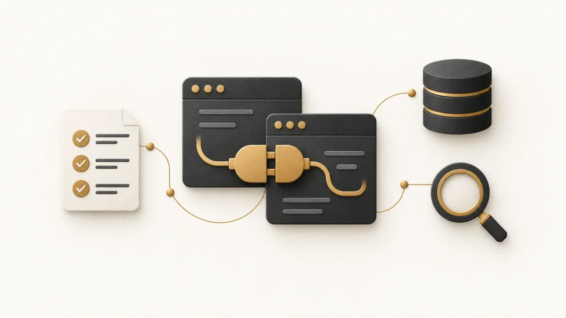 Two charcoal application windows linked by a gold plug, alongside specification, database and inspection symbols.