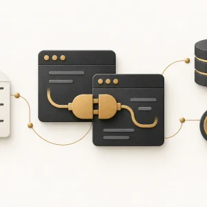 Two charcoal application windows linked by a gold plug, alongside specification, database and inspection symbols.