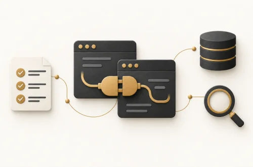 Two charcoal application windows linked by a gold plug, alongside specification, database and inspection symbols.