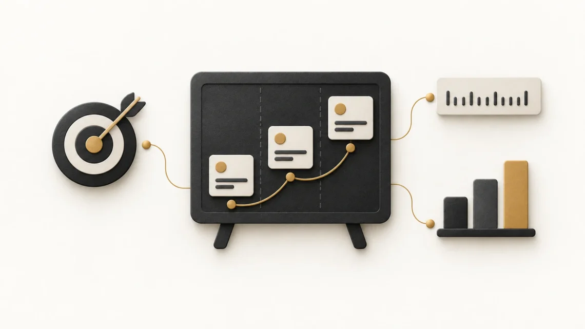 Charcoal roadmap board connected to a target, measurement ruler and bar chart with muted gold details.