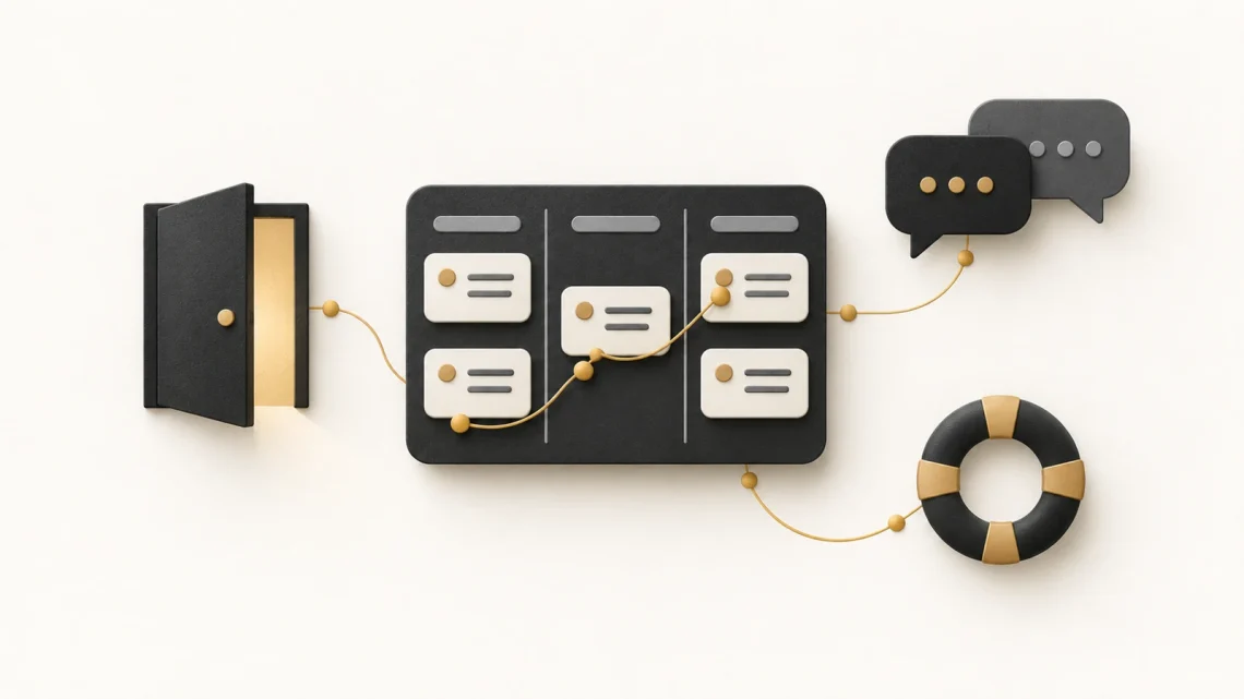 A charcoal task board with a gold route connecting access, conversation and support symbols.