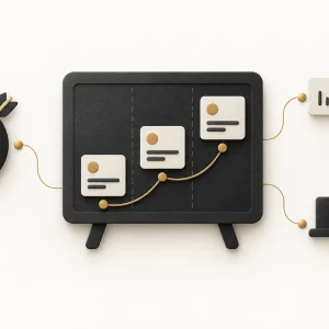 Charcoal roadmap board connected to a target, measurement ruler and bar chart with muted gold details.