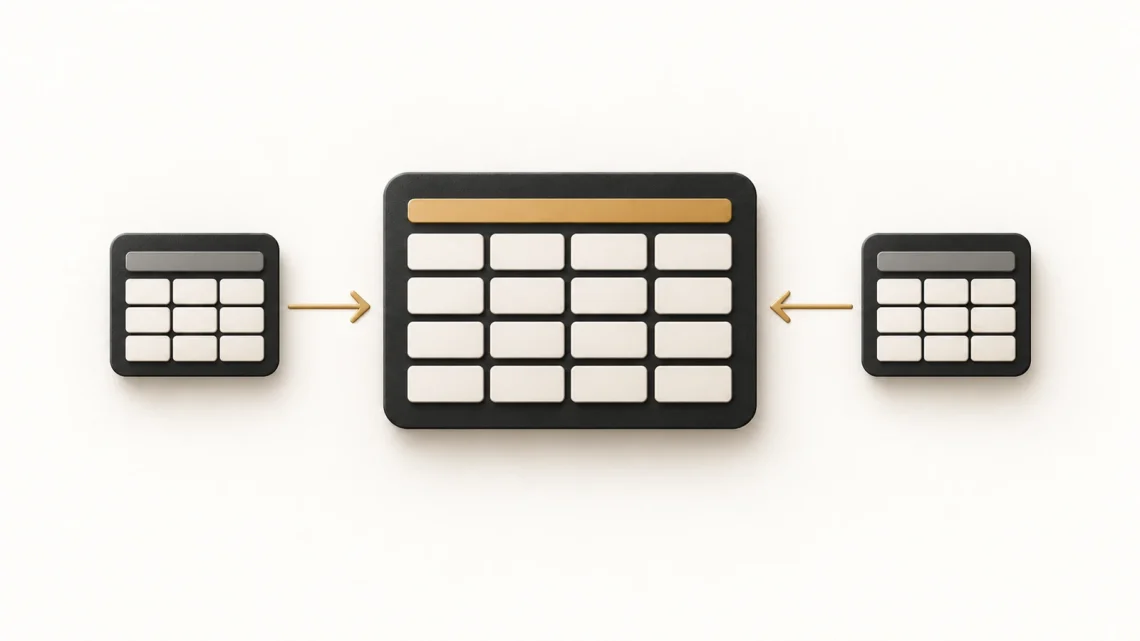 Two smaller spreadsheet grids feed into one larger consolidated table.