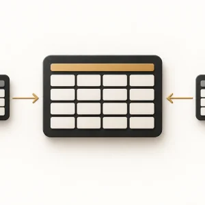 Two smaller spreadsheet grids feed into one larger consolidated table.
