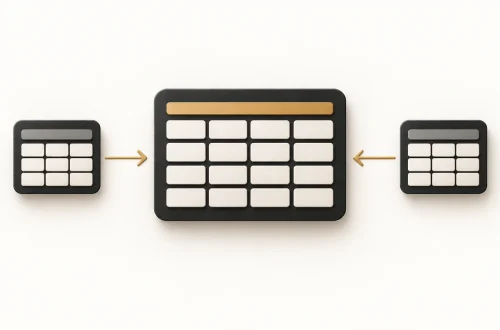 Two smaller spreadsheet grids feed into one larger consolidated table.