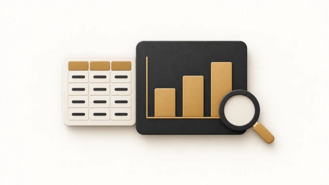 A bar-chart panel beside a spreadsheet grid, with a magnifying glass for review.