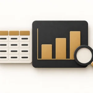 A bar-chart panel beside a spreadsheet grid, with a magnifying glass for review.