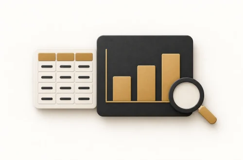 A bar-chart panel beside a spreadsheet grid, with a magnifying glass for review.