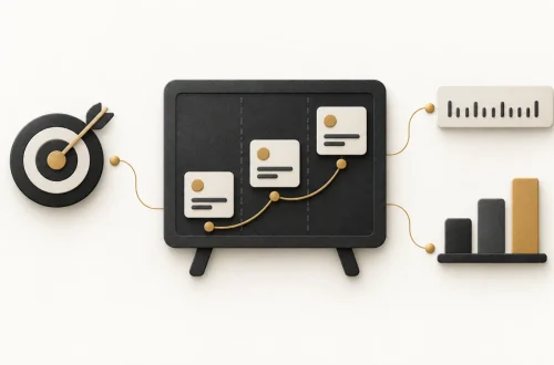 Charcoal roadmap board connected to a target, measurement ruler and bar chart with muted gold details.
