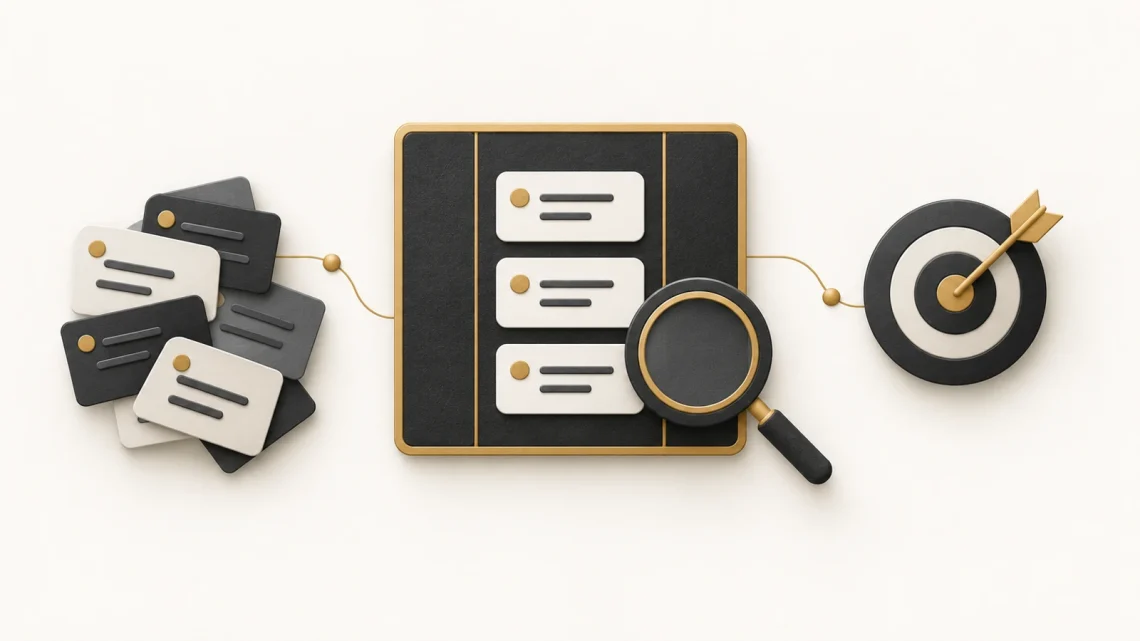 An ordered task board beside a scattered card stack, magnifying glass and target.