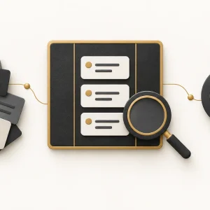 An ordered task board beside a scattered card stack, magnifying glass and target.